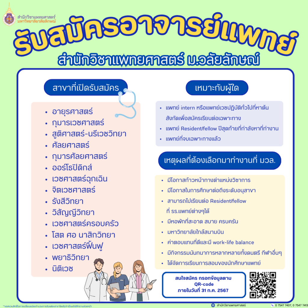 ข่าวประชาสัมพันธ์การรับสมัครอาจารย์แพทย์สำนักวิชาแพทยศาสตร์ มหาวิทยาลัยวลัยลักษณ์ ประจำปีงบประมาณ 2567