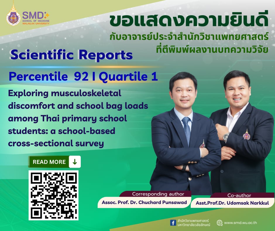 สำนักวิชาแพทยศาสตร์ มหาวิทยาลัยวลัยลักษณ์ ขอแสดงความยินดีกับ ผศ.ดร.อุดมศักดิ์ นาคกุล และ รศ.ดร.ชูชาติ พันธ์สวัสดิ์ อาจารย์ประจำสาขาวิชาวิทยาศาสตร์การแพทย์ ที่ผลงานวิจัยได้รับการตอบรับให้ตีพิมพ์ในวารสาร Scientific Reports