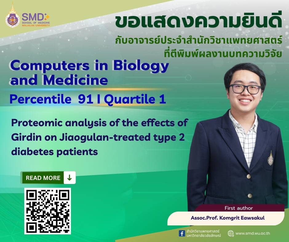 สำนักวิชาแพทยศาสตร์ ม.วลัยลักษณ์ แสดงความยินดีกับคณาจารย์ที่ได้รับการตอบรับให้ตีพิมพ์ผลงานวิจัยในวารสารระดับนานาชาติ ฐานข้อมูล Scopus Q1