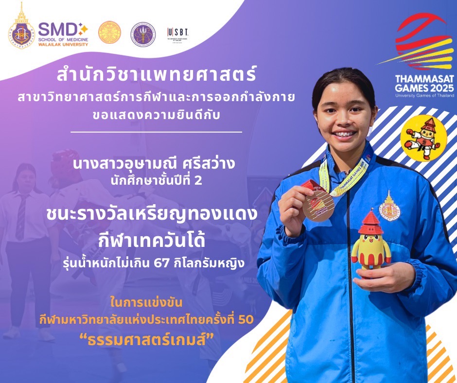 นักศึกษาสำนักวิชาแพทยศาสตร์ คว้า 2 เหรียญทองแดงในการแข่งขันกีฬามหาวิทยาลัยแห่งประเทศไทย ครั้งที่ 50 “ธรรมศาสตร์เกมส์”ระหว่างวันที่ 8 - 18 มกราคม 2568