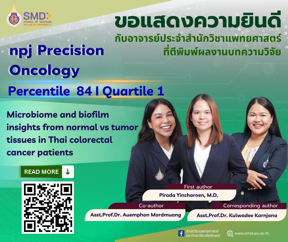 สำนักวิชาแพทยศาสตร์ มหาวิทยาลัยวลัยลักษณ์ ขอแสดงความยินดีกับคณาจารย์ที่ได้รับการตอบรับให้ตีพิมพ์ผลงานวิจัยในวารสารระดับนานาชาติ ฐานข้อมูล Scopus Q1