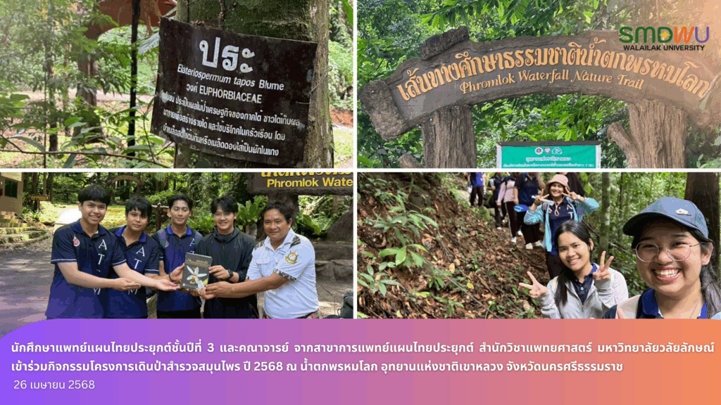 Third year Applied Thai Traditional Medicine students and lecturers from Applied Thai Traditional Medicine, School of Medicine, Walailak University took part in the herbal and botanical hiking project at Phrom Lok Waterfall, Nakhon Si Thammarat Province (2025)