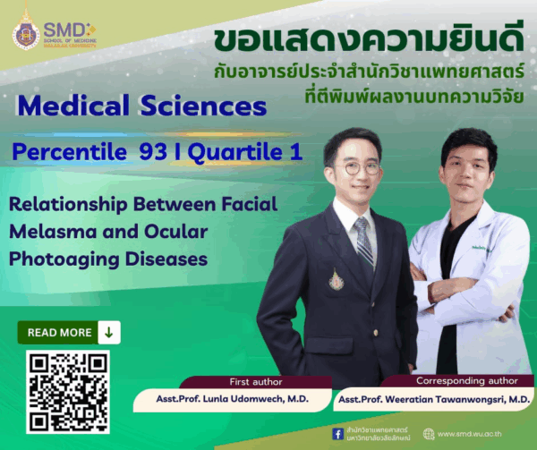 สำนักวิชาแพทยศาสตร์ แสดงความยินดีกับ ผศ.นพ.ลั่นหล้า อุดมเวช และ ผศ.นพ.วีรเธียร ถวัลย์วงศ์ศรี ที่ผลงานวิจัยได้รับการตอบรับให้ตีพิมพ์ในวารสาร Medical Sciences