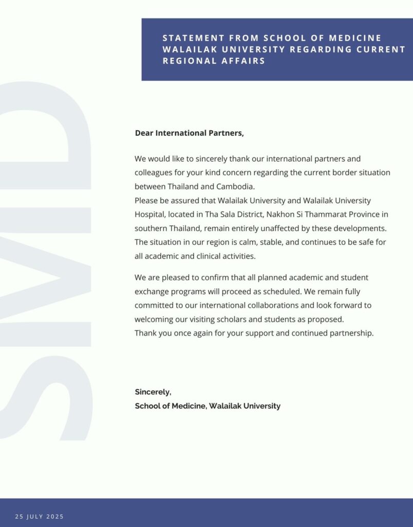 Walailak University School of Medicine Reaffirms Safety and Continuity Amid Regional Concerns
