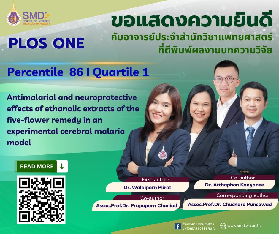สำนักวิชาแพทยศาสตร์ มหาวิทยาลัยวลัยลักษณ์ ขอแสดงความยินดีกับ อ.ดร.วลัยพร ผลิรัตน์, อ.ดร.อรรถพล กลยนี, รศ.ดร.ประภาพร จันทร์เอียด และ รศ.ดร.ชูชาติ พันธ์สวัสดิ์ ที่ผลงานวิจัยได้รับการตอบรับให้ตีพิมพ์ใน PLOS ONE