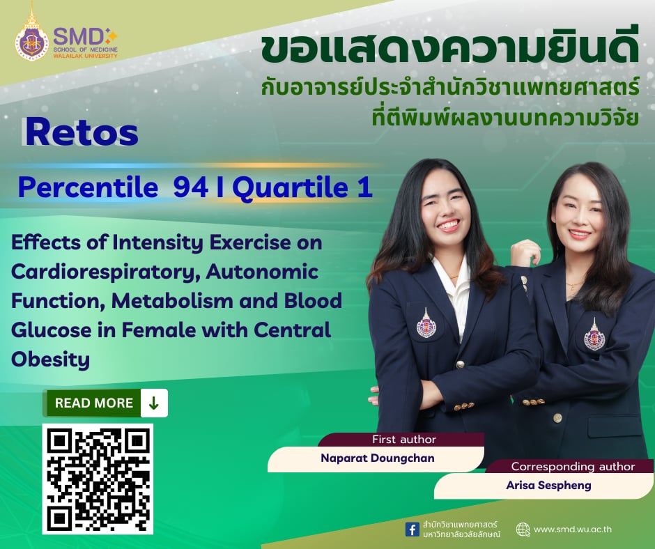 สำนักวิชาแพทยศาสตร์ มหาวิทยาลัยวลัยลักษณ์ ขอแสดงความยินดีกับ อ.นภารัตน์ ดวงจันทร์ และ อ.อริษา เศษเพ็ง ที่ผลงานวิจัยได้รับการตอบรับให้ตีพิมพ์ใน Retos