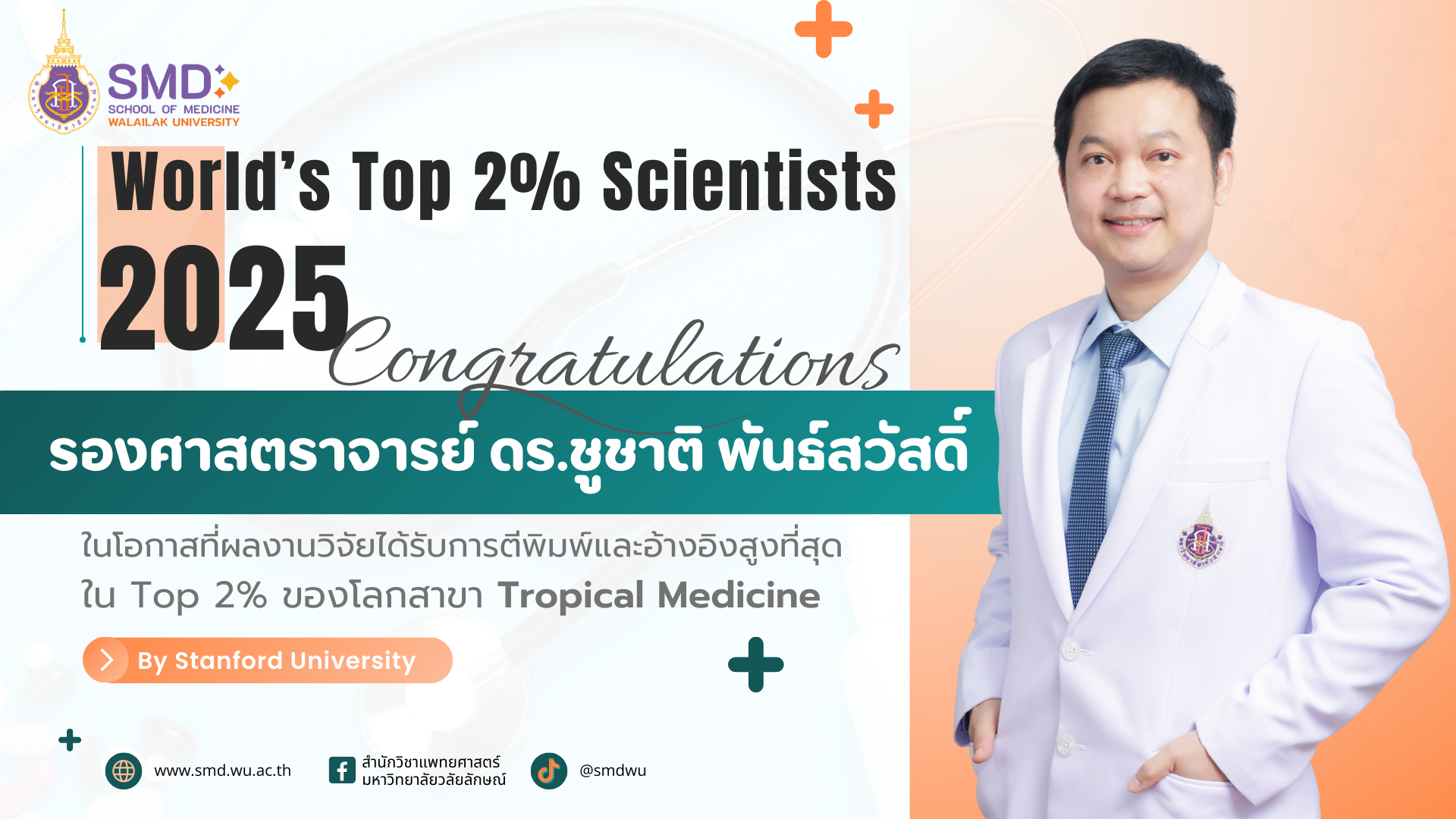 คณบดีสำนักวิชาแพทยศาสตร์ ติดอันดับ Top 2% ของโลกด้านงานวิจัย
