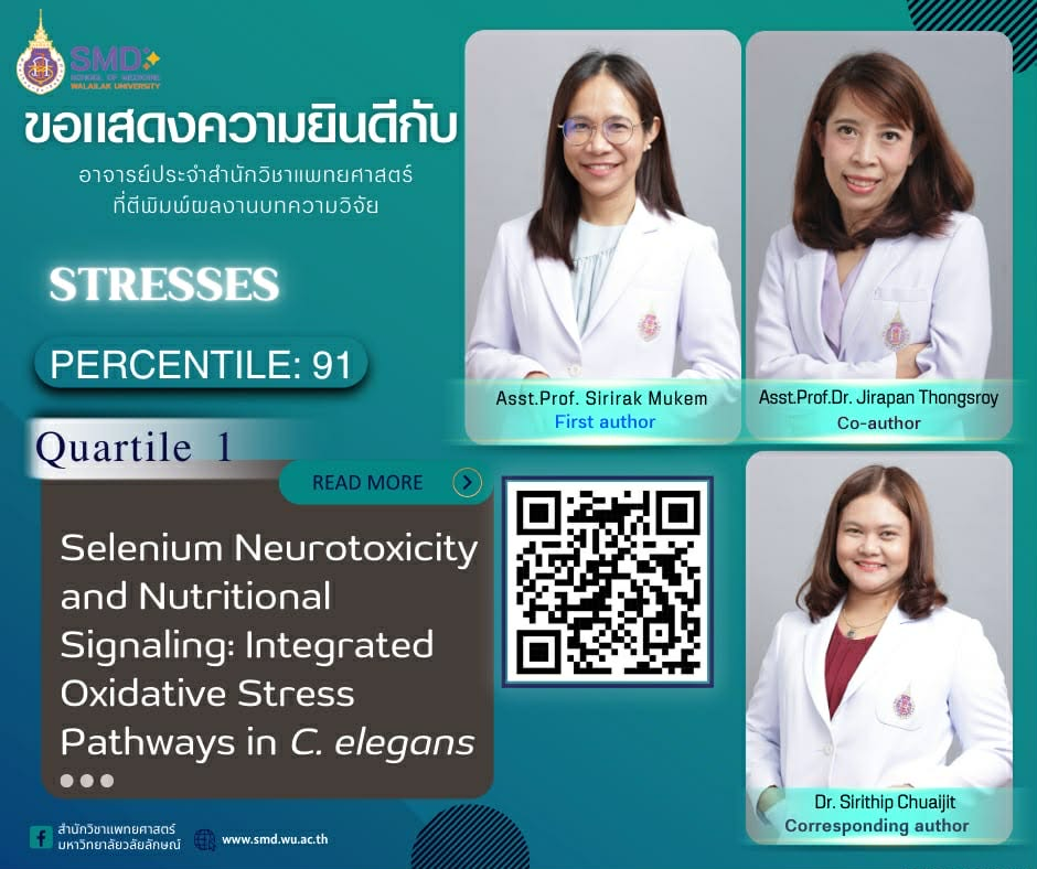 สำนักวิชาแพทยศาสตร์ ม.วลัยลักษณ์ ขอแสดงความยินดีกับ ผศ.สิริรักษ์ มู่เก็ม และคณะ ตีพิมพ์วิจัยใน Stressess Q1