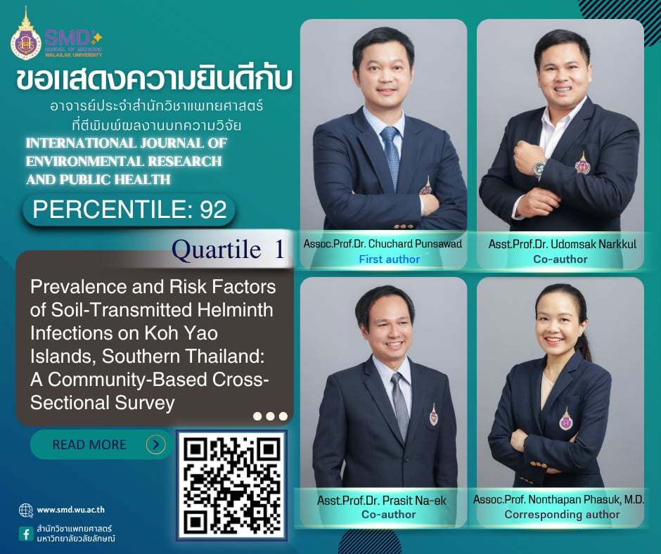 สำนักวิชาแพทยศาสตร์ มวล. ขอแสดงความยินดีกับ รศ.ดร.ชูชาติ พันธ์สวัสดิ์ รศ.พญ.นนทพรรณ ผาสุข และคณะ ที่ผลงานวิจัยได้รับการตีพิมพ์ใน International Journal of Environmental Research and Public Health Q1