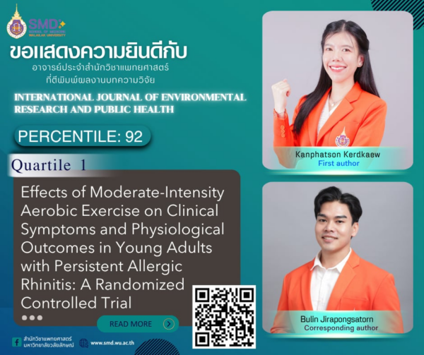 สำนักวิชาแพทยศาสตร์ มวล. ขอแสดงความยินดีกับ อาจารย์กันต์ภัสสร เกิดแก้ว และอาจารย์บุลิน จิระพงษธร ที่ผลงานวิจัยได้รับการตีพิมพ์ในวารสาร International Journal of Environmental Research and Public Health Q1