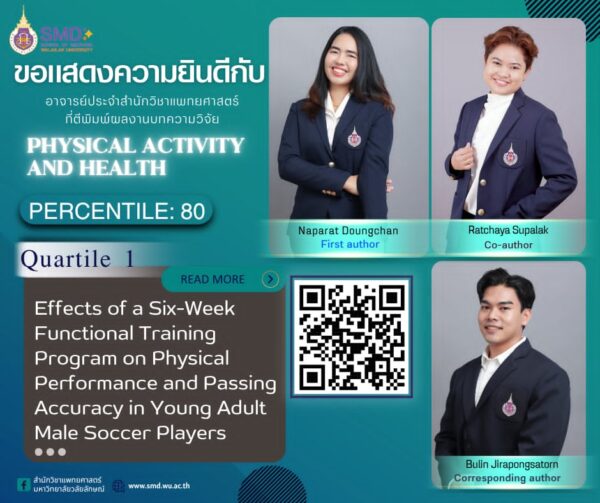สำนักวิชาแพทยศาสตร์ ขอแสดงความยินดีกับ อาจารย์นภารัตน์ ดวงจันทร์ อาจารย์รัชยา ศุภลักษณ์ และอาจารย์บุลิน จิระพงษธร ที่ผลงานวิจัยได้รับการตอบรับให้ตีพิมพ์ในวารสาร Physical Activity and Health ในฐานข้อมูล Scopus Q1