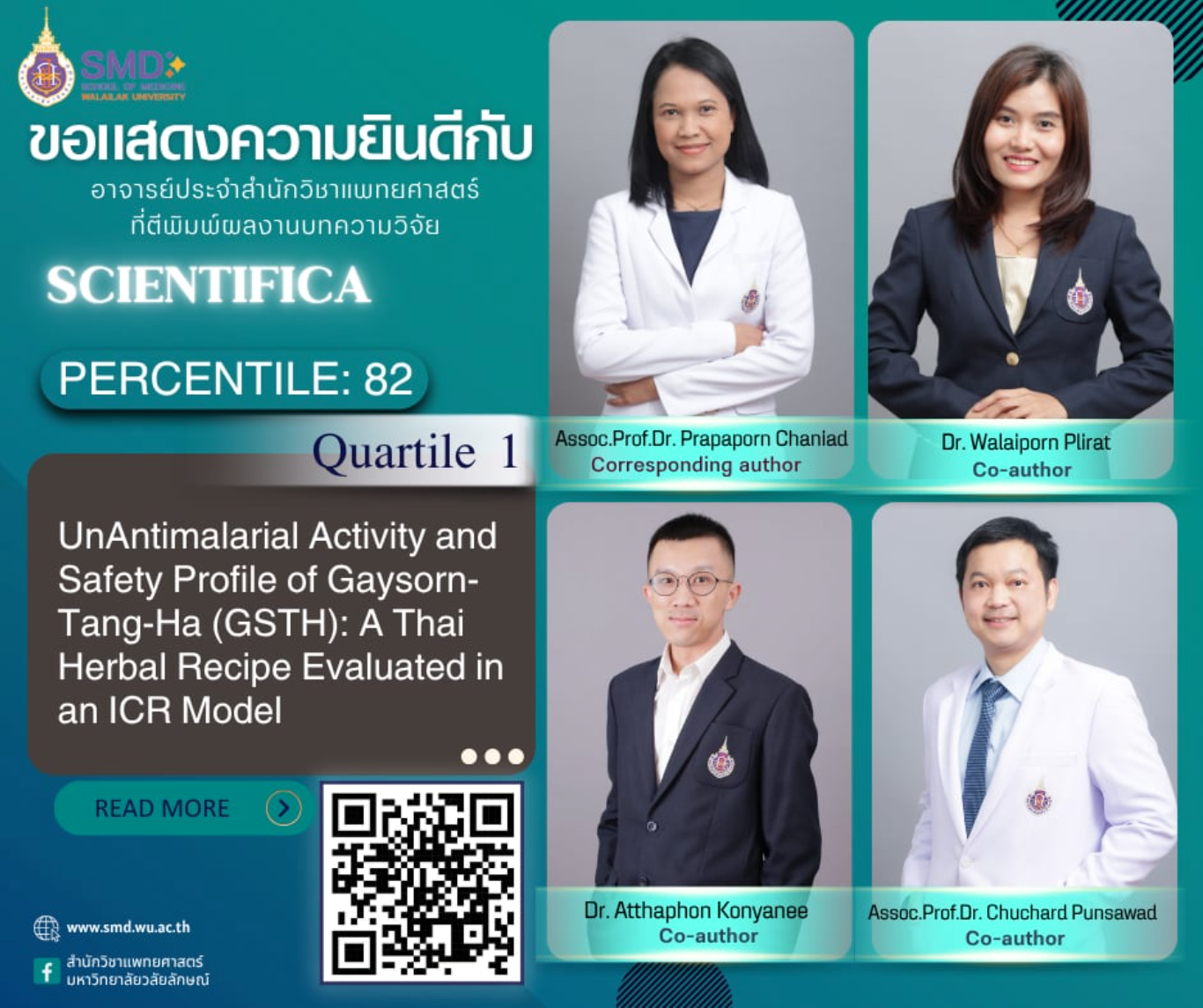 สำนักวิชาแพทยศาสตร์ มวล. ขอแสดงความยินดีกับ รศ.ดร.ประภาพร จันทร์เอียด และคณะ ที่ผลงานวิจัยได้รับการตีพิมพ์ใน Scientifica Q1