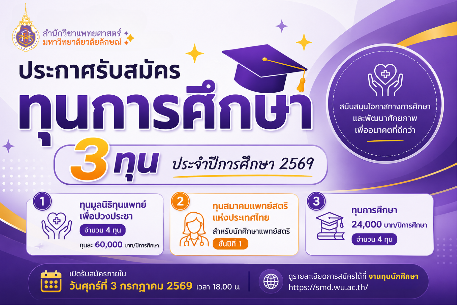 สำนักวิชาแพทยศาสตร์ มหาวิทยาลัยวลัยลักษณ์ เปิดรับสมัครนักศึกษาแพทย์เข้ารับทุนการศึกษา ประจำปีการศึกษา 2569 รวม 3 ประเภททุน