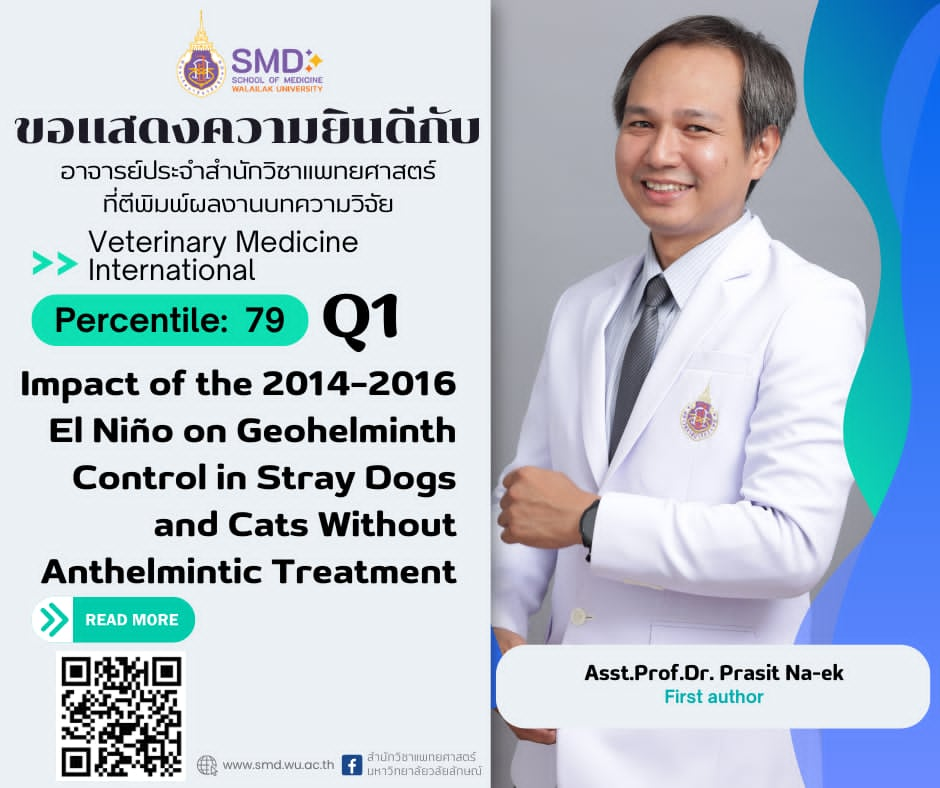 สำนักวิชาแพทยศาสตร์ มวล. ขอแสดงความยินดีกับ ผศ.ดร.ประสิทธิ์  นาเอก ที่ผลงานวิจัยได้ตีพิมพ์ใน Veterinary Medicine International Q1