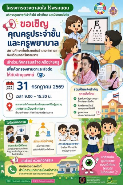 สำนักวิชาแพทยศาสตร์ มหาวิทยาลัยวลัยลักษณ์ บูรณาการบริการวิชาการสู่ชุมชน ผ่านโครงการ “ดวงตาสดใส ไร้พรมแดน” เพื่อคัดกรองสายตาเด็กนักเรียนและพัฒนาเครือข่ายการดูแลสุขภาพตา
