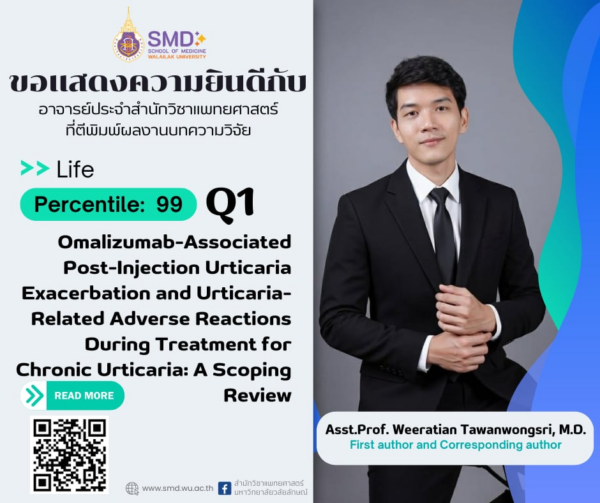 สำนักวิชาแพทยศาสตร์ มวล. ขอแสดงความยินดีกับ ผู้ช่วยศาสตราจารย์ นพ.วีรเธียร ถวัลย์วงศ์ศรี ที่ผลงานวิจัยได้รับการตีพิมพ์ใน Life Q1