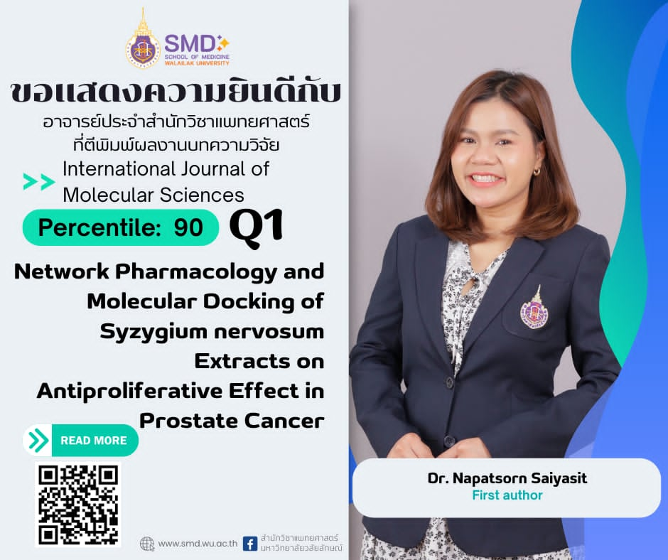 สำนักวิชาแพทยศาสตร์ มวล. ขอแสดงความยินดีกับ อาจารย์ ดร.ณภัสสรณ์ ไสยสิทธิ์ ที่ผลงานวิจัยได้รับการตีพิมพ์ใน International Journal of Molecular Sciences Q1