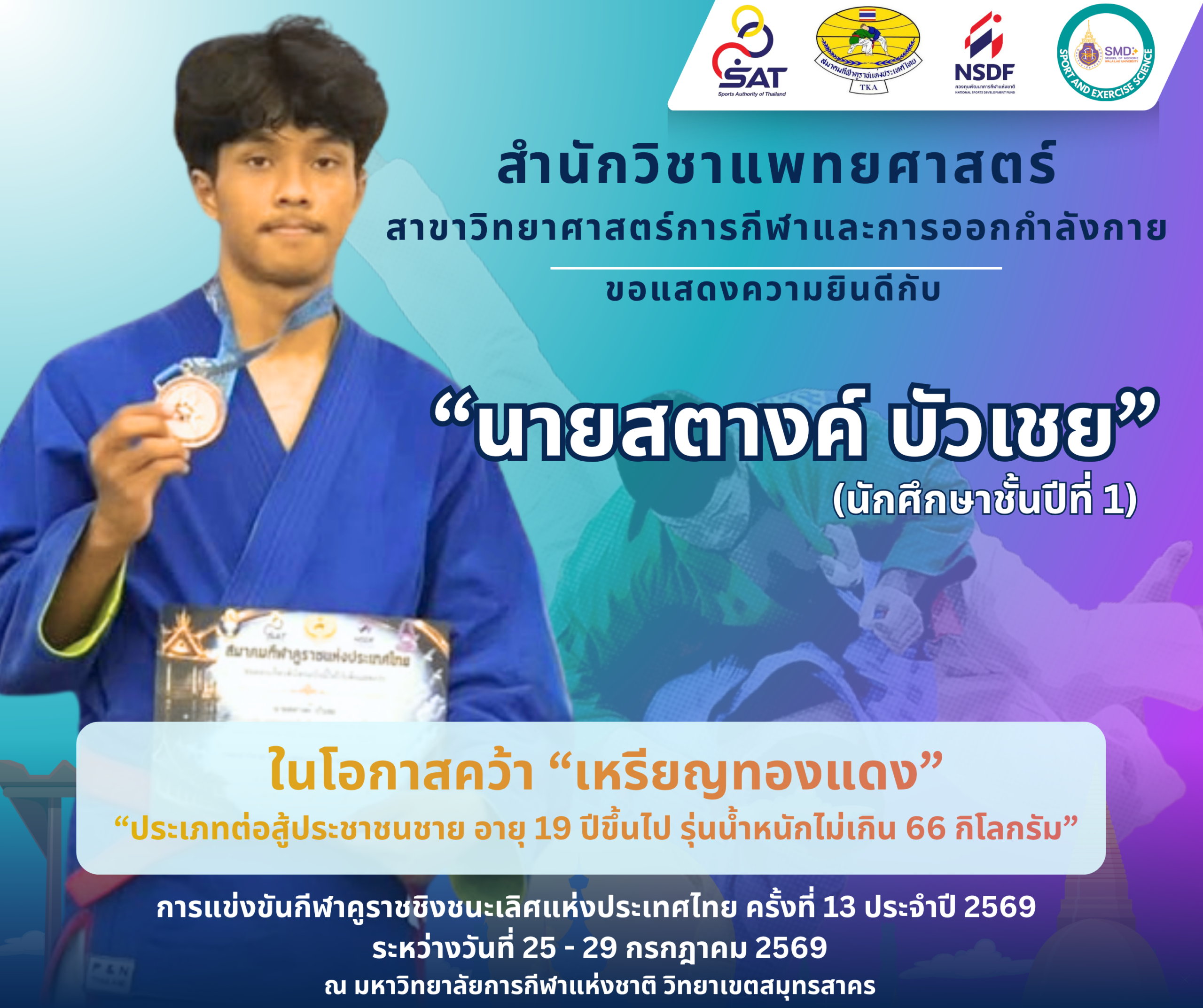 สำนักวิชาแพทยศาสตร์ ขอแสดงความยินดีกับนักศึกษาคนเก่ง คว้าเหรียญทองแดง การแข่งขันกีฬาคูราชชิงชนะเลิศแห่งประเทศไทย ประจำปี 2569