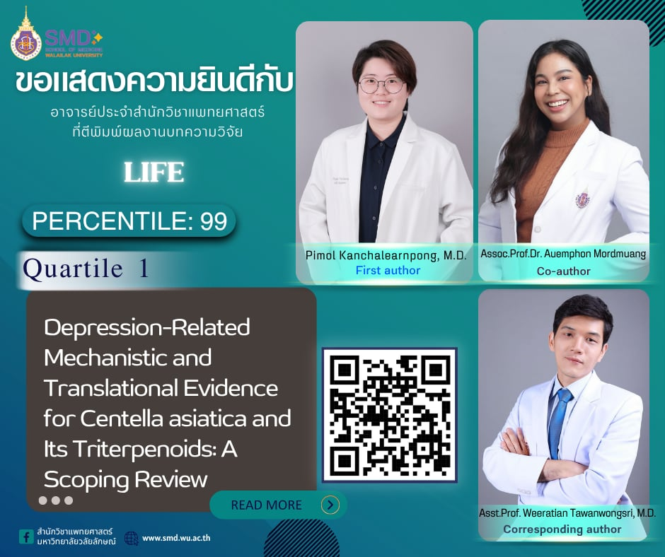 สำนักวิชาแพทยศาสตร์ มวล. ขอแสดงความยินดีกับ อาจารย์ พญ.พิมล การเจริญพงศ์ ผู้ช่วยศาสตราจารย์ นพ.วีรเธียร ถวัลย์วงศ์ศรี และ รองศาสตราจารย์ ดร.เอื้อมพร หมวดเมือง ที่ผลงานวิจัยได้ตีพิมพ์ในวารสาร Life Q1