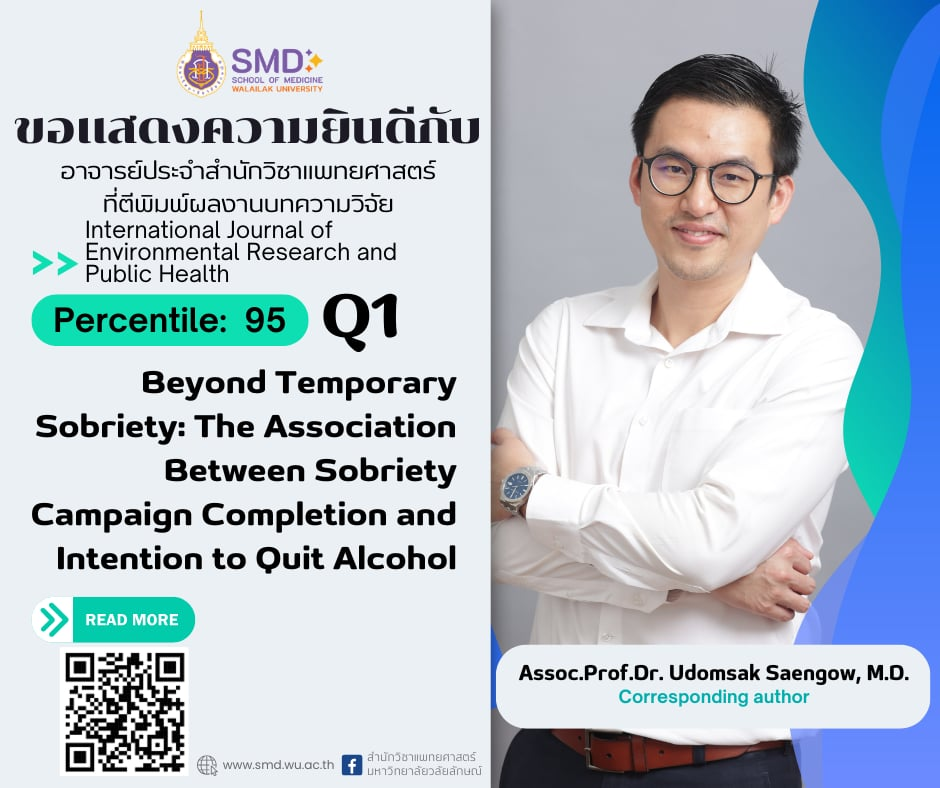 สำนักวิชาแพทยศาสตร์ มวล. ขอแสดงความยินดีกับ รศ.ดร.นพ.อุดมศักดิ์ แซ่โง้ว ที่ผลงานวิจัยได้ตีพิมพ์ใน International Journal of Environmental Research and Public Health Q1