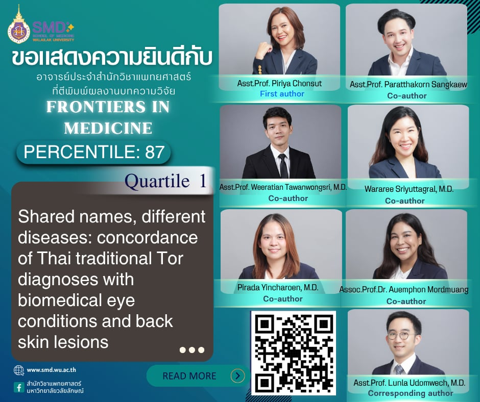สำนักวิชาแพทยศาสตร์ มวล. ขอแสดงความยินดีกับ ผู้ช่วยศาสตราจารย์พิริยา ชนสุต และคณะ ที่ผลงานวิจัยได้ตีพิมพ์ในวารสาร Frontiers in Medicine Q1