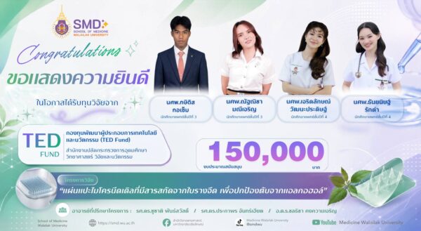 นักศึกษาแพทย์ มวล. คว้าทุน TED Fund สนับสนุนการทำผลงานวิจัยนวัตกรรมแผ่นแปะไมโครนีดเดิล