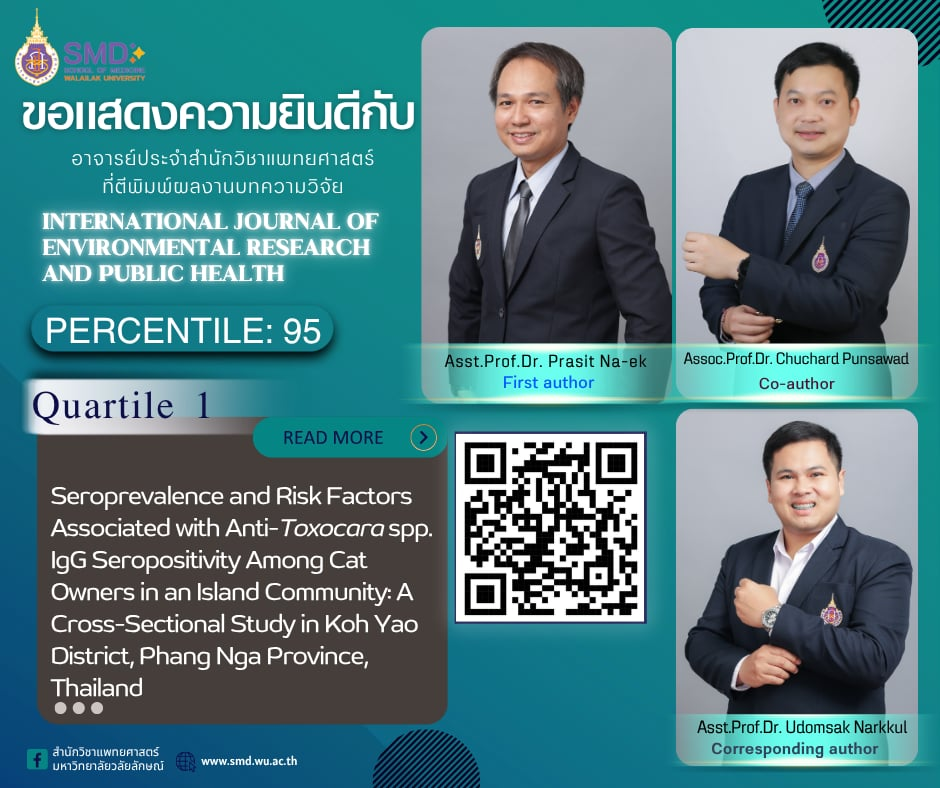 สำนักวิชาแพทยศาสตร์ มวล. ขอแสดงความยินดีกับ ผศ.ดร.ประสิทธิ์  นาเอก รศ.ดร.ชูชาติ พันธ์สวัสดิ์ และ ผศ.ดร.อุดมศักดิ์ นาคกุล ที่ผลงานวิจัยได้รับการตีพิมพ์ใน International Journal of Environmental Research and Public Health Q1