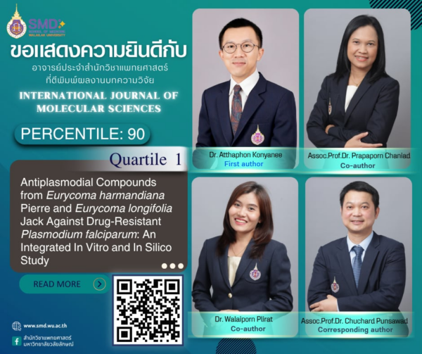สำนักวิชาแพทยศาสตร์ มหาวิทยาลัยวลัยลักษณ์ ขอแสดงความยินดีกับ อาจารย์ ดร.อรรถพล กลยนี และคณะที่ผลงานวิจัยได้รับการตอบรับให้ตีพิมพ์ในวารสาร International Journal of Molecular Sciences, Scopus Q1, Percentile 90