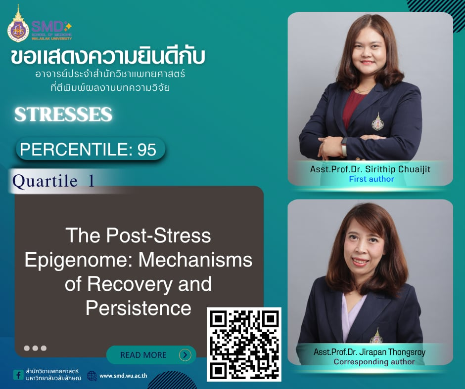 สำนักวิชาแพทยศาสตร์ มหาวิทยาลัยวลัยลักษณ์ ขอแสดงความยินดีกับ ผู้ช่วยศาสตราจารย์ ดร.สิริทิพย์ ช่วยจิตรและ ผู้ช่วยศาสตราจารย์ ดร.จิรพรรณ ทองสร้อย ที่ผลงานวิจัยได้รับการตอบรับให้ตีพิมพ์ในวารสาร Stresses