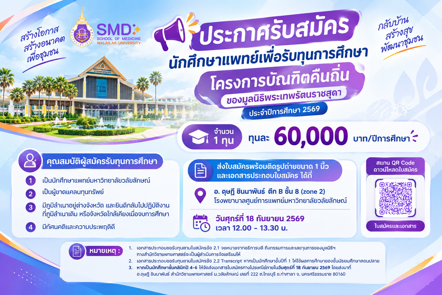 สำนักวิชาแพทยศาสตร์ มวล. ประกาศรับสมัครนักศึกษาแพทย์เพื่อรับทุนการศึกษาโครงการบัณฑิตคืนถิ่น มูลนิธิสมเด็จพระเทพรัตนราชสุดา ประจำปีการศึกษา 2569