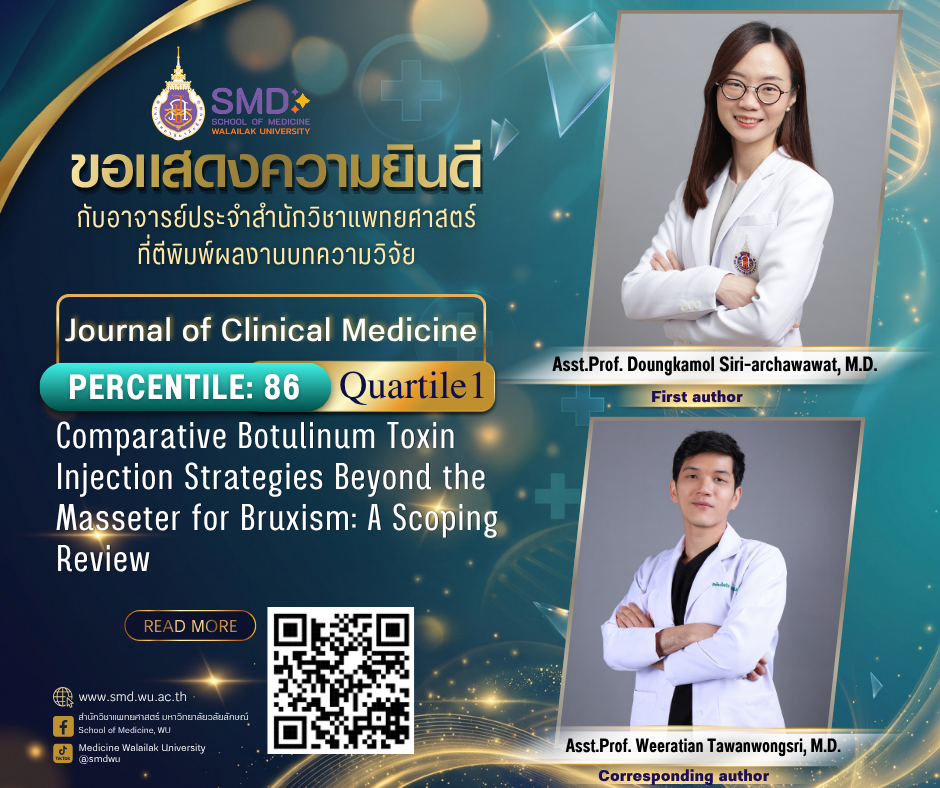 สำนักวิชาแพทยศาสตร์ มหาวิทยาลัยวลัยลักษณ์ ขอแสดงความยินดีกับ ผู้ช่วยศาสตราจารย์ พญ.ดวงกมล ศิริอาชวะวัฒน์ และ ผู้ช่วยศาสตราจารย์ นพ.วีรเธียร ถวัลย์วงศ์ศรี ที่ผลงานวิจัยได้รับการตอบรับให้ตีพิมพ์ในวารสาร Journal of Clinical Medicine