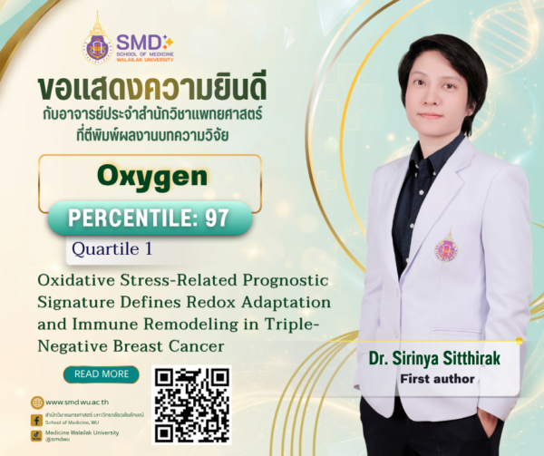 สำนักวิชาแพทยศาสตร์ มหาวิทยาลัยวลัยลักษณ์ ขอแสดงความยินดีกับ อาจารย์ ดร.ศิรินทร์ญา สิทธิรักษ์ ที่ผลงานวิจัยได้รับการตอบรับให้ตีพิมพ์ในวารสาร Oxygen ในฐานข้อมูล Scopus Q1