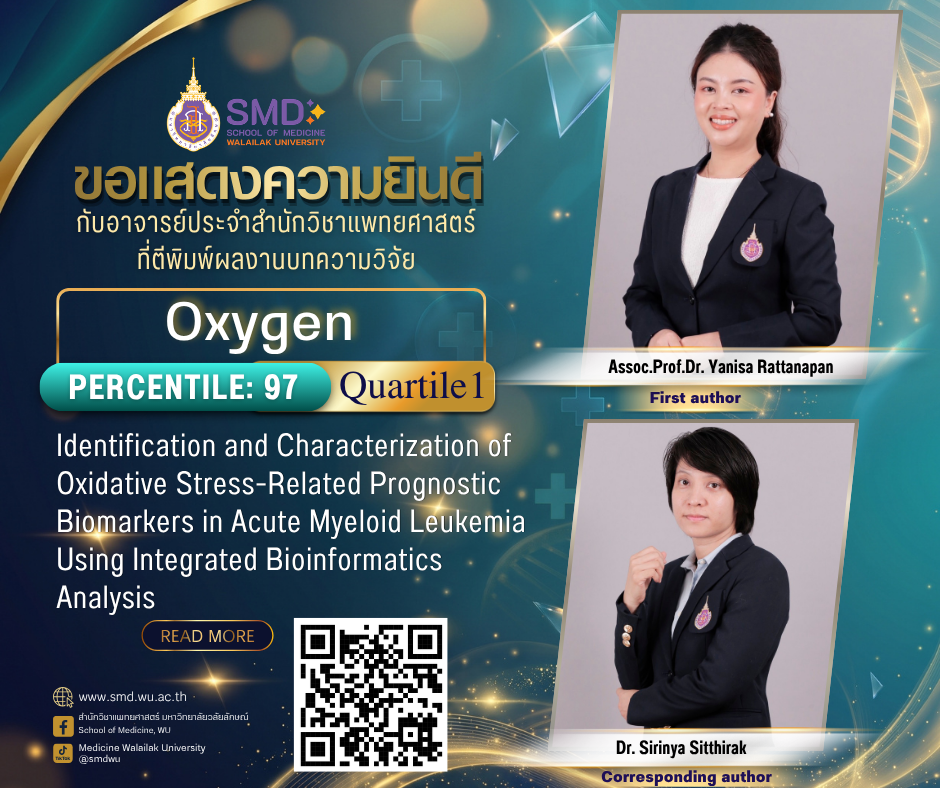 สำนักวิชาแพทยศาสตร์ มหาวิทยาลัยวลัยลักษณ์ ขอแสดงความยินดีกับ รองศาสตราจารย์ ดร.ญาณิศา รัตนพันธ์ และอาจารย์ ดร.ศิรินทร์ญา สิทธิรักษ์ ที่ผลงานวิจัยได้รับการตอบรับให้ตีพิมพ์ในวารสาร Oxygen ในฐานข้อมูล Scopus Q1